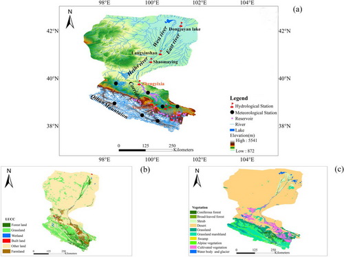 Meteorological hydrological station, reservoir and digital elevation map (a), LUCC in 2015 (b), vegetation types (c) in HRB.jpg