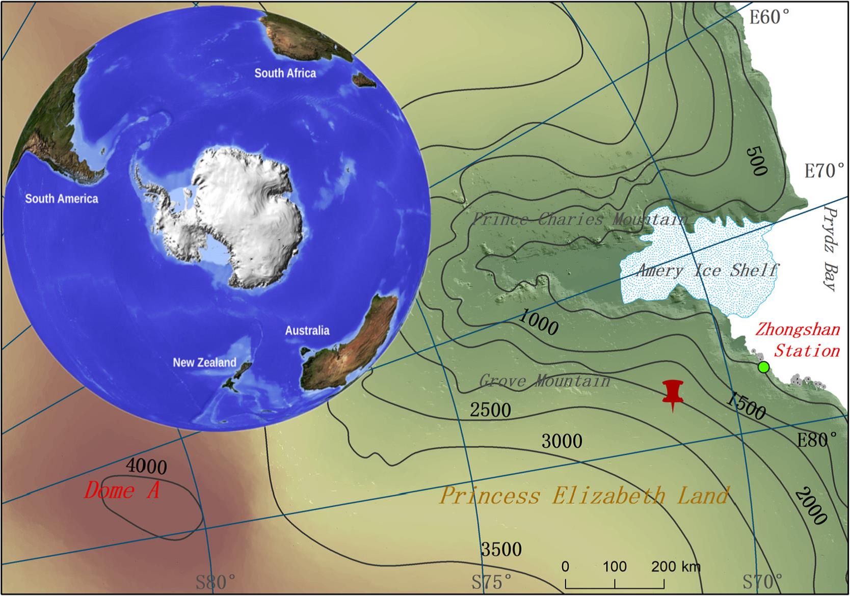 Site of the shallow ice core at Princess Elizabeth land, East Antarctica (red needle-sharp).jpg